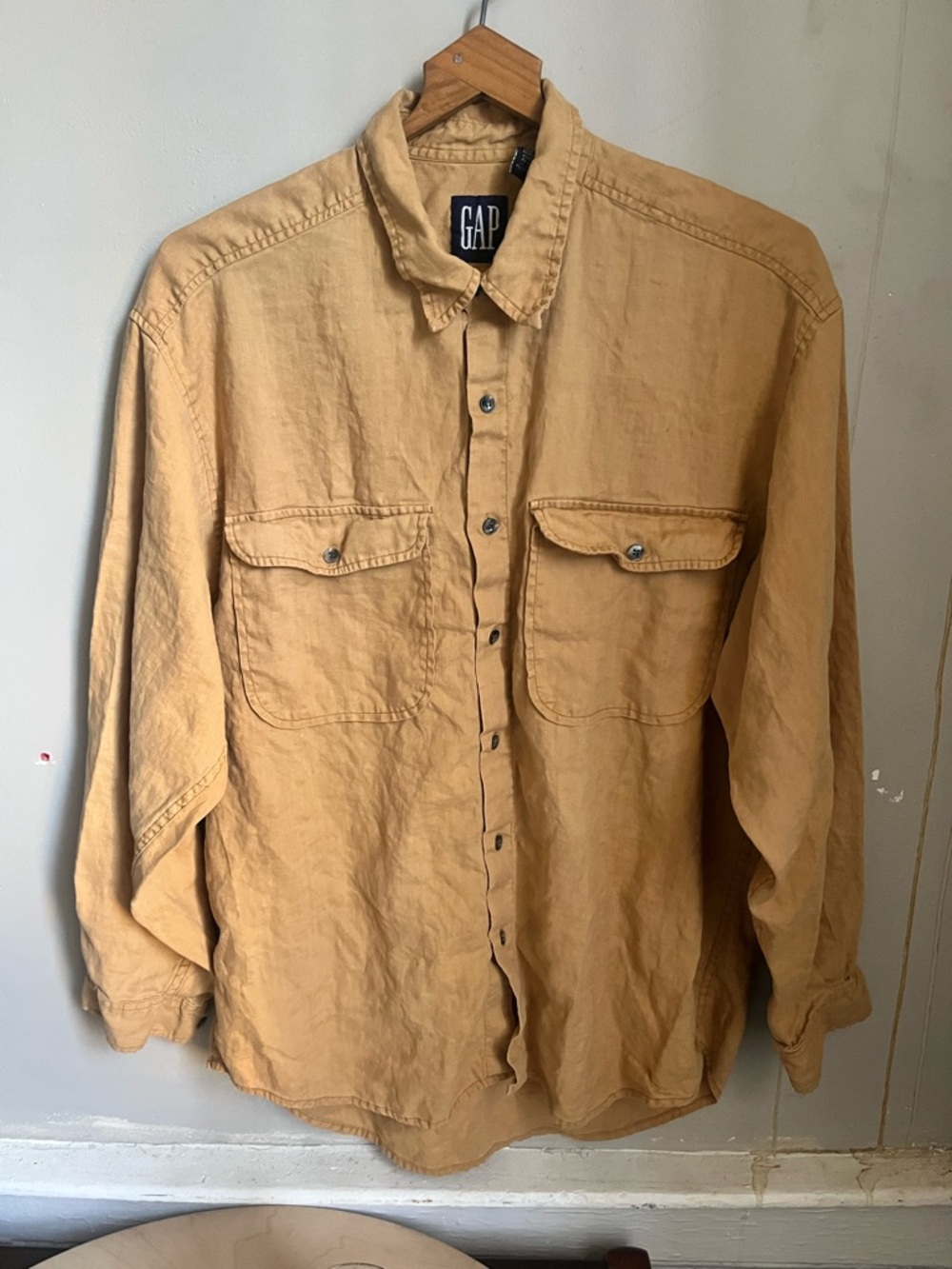 Vintage GAP Linen Shirt 90s Tan Soft Neutral Double Pocket Button Up Minimalist